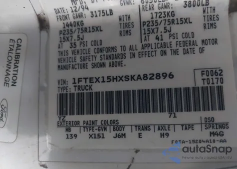 1995 Ford F150 z USA, uszkodzony, nr VIN 1FTEX15HXSKA82896